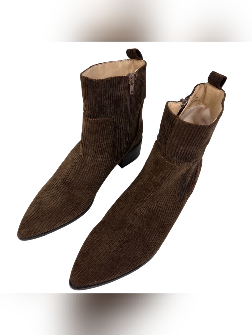 Corduroy Pointed Ankle Boots in Dark Brown with Side Zip